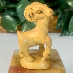 Vintage Boxwood Ram Netsuke Animal Figurine Hand Carved Wooden Sculpture 2.8"
